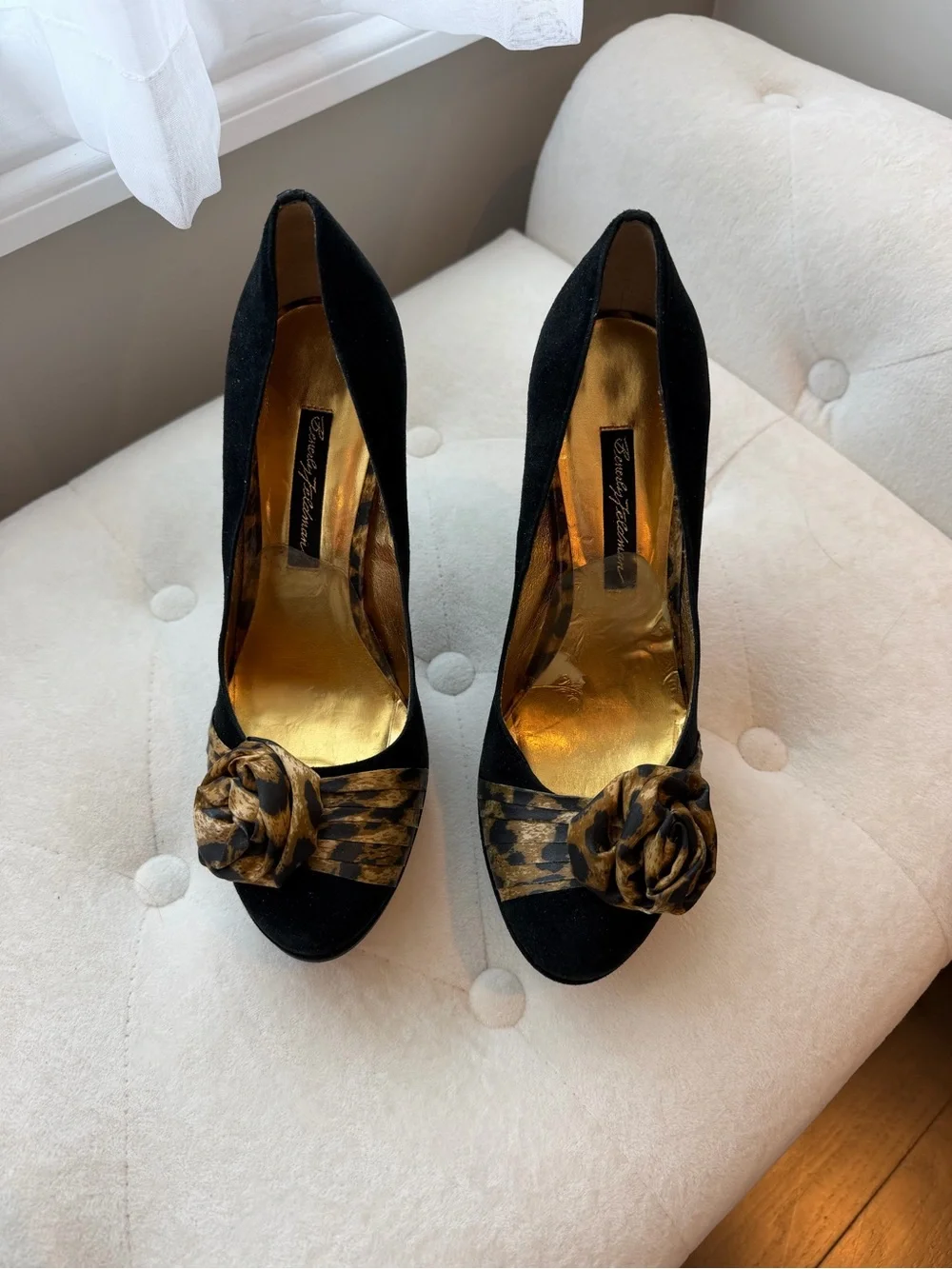 Beverly Feldman Black Suede Pumps with Gold Leopard Rosette